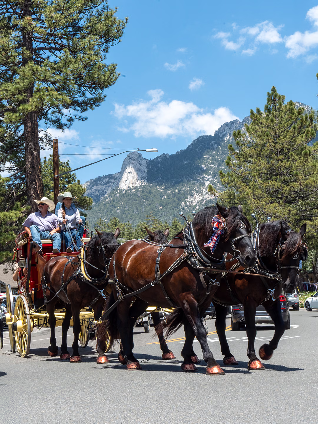 The horse-drawn Butterfield Stagecoach on a street in Idyllwild, with granite peaks behind