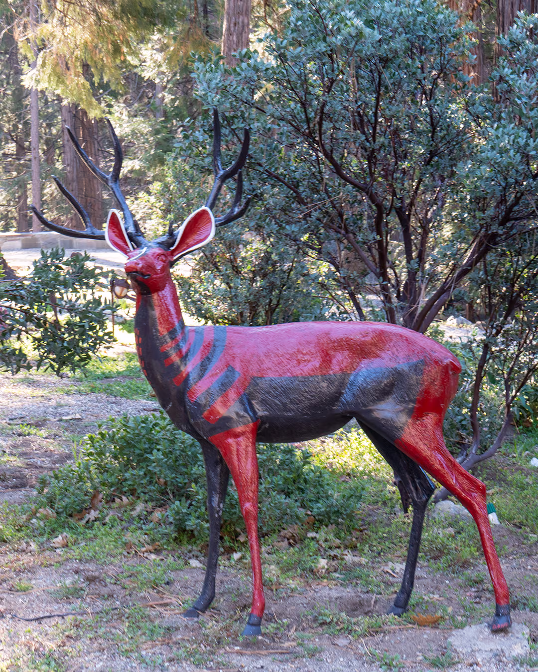 Red and black painted deer sculpture among manzanita